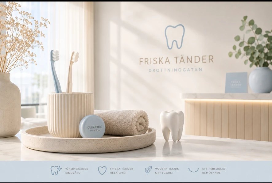 Ljus reception hos Friska Tänder på Drottninggatan i Stockholm med tandborstar, handduk och klinikens logotyp på väggen