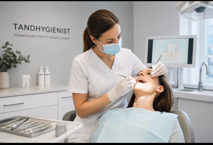 Tandhygienist visar en modell för patient i behandlingsstolen på Friska Tänder i Stockholm