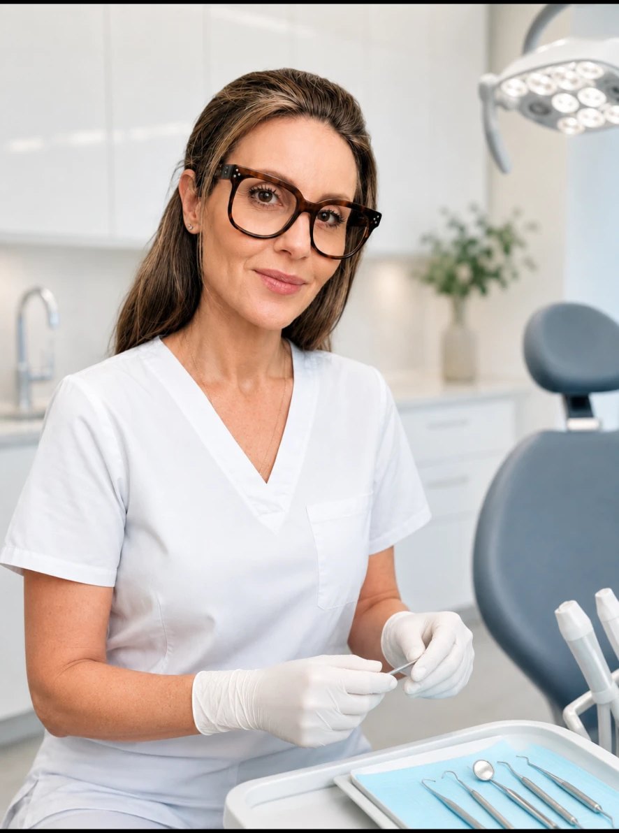 Valentina Angelhov, legitimerad tandhygienist, i behandlingsrummet hos Friska Tänder i Stockholm